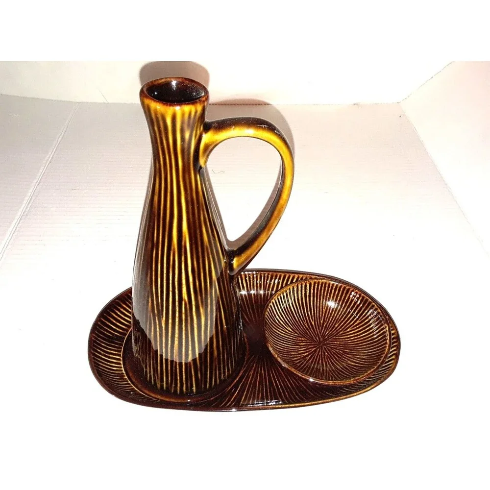 Vintage Z Gallerie Suki Set 3 Piece Glazed Ceramic Glass MCM Wood Appearance